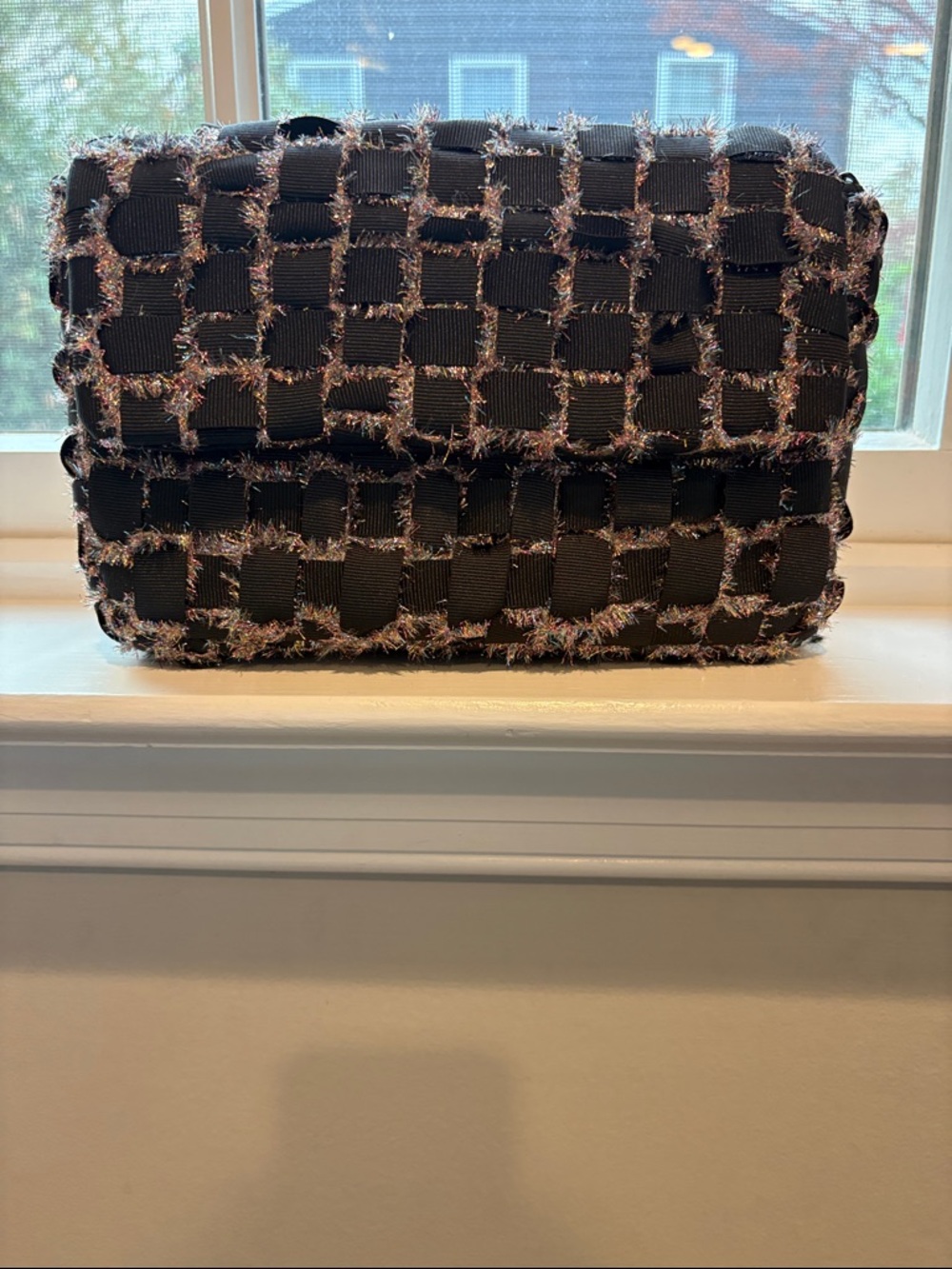 Black Woven Shoulder Bag with Fringe Trim NWT